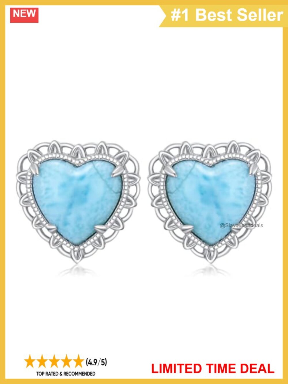 Natural Larimar Stud Earrings 925 Sterling Silver Heart Shaped Gemstone Beach